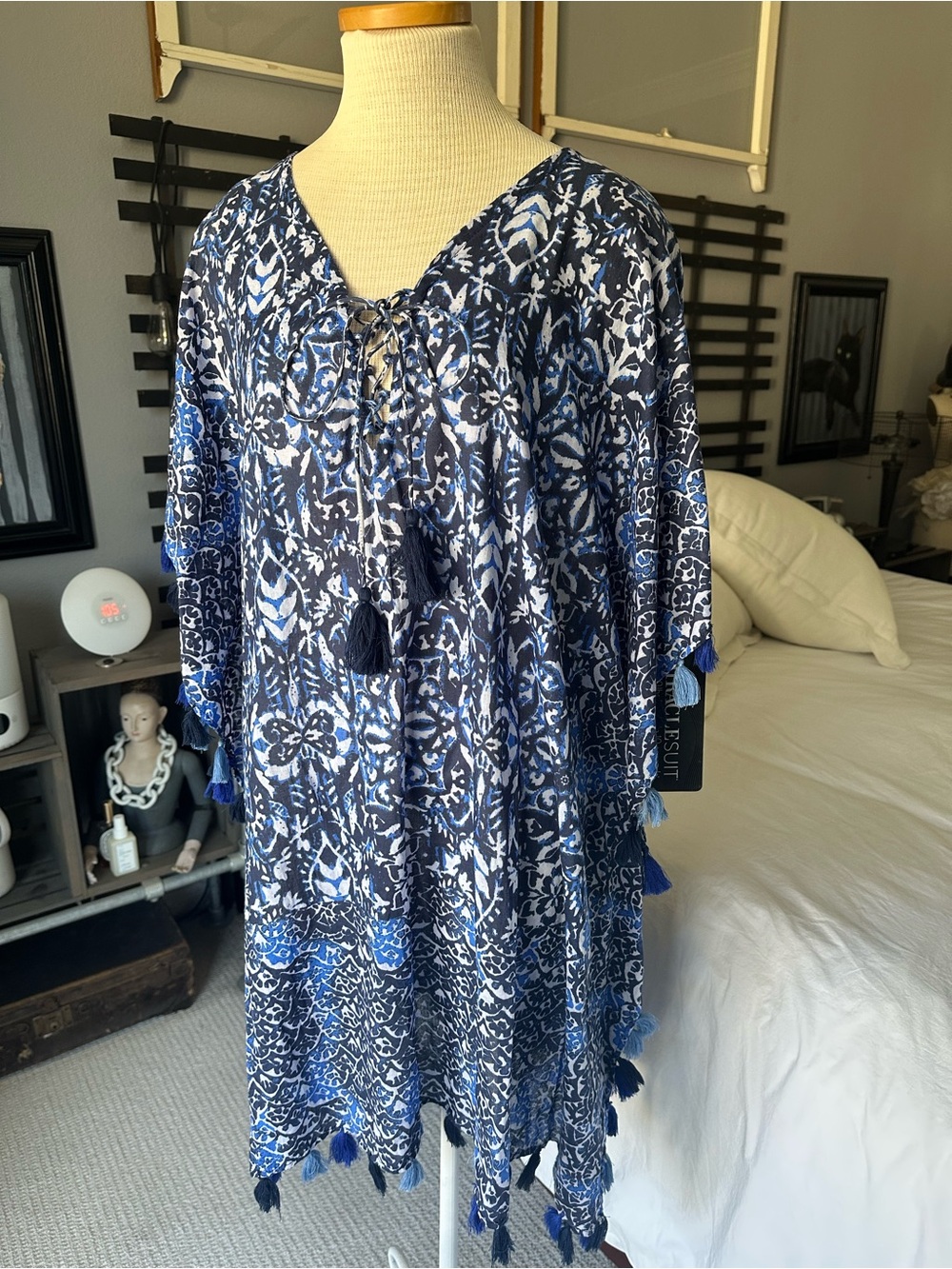 Miraclesuit Navy & White Tassel-Trim Lace-Up NWT swim cover-up, size medium